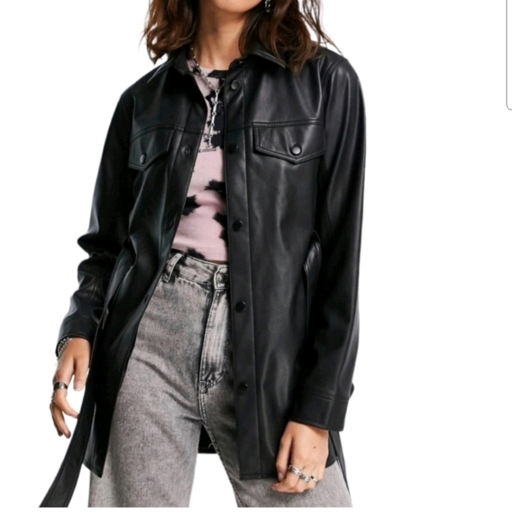 Rebecca Minkoff Belted Vegan Leather Shirt Jacket Black Size Small PRISTINE